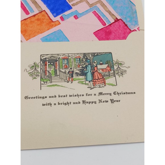 Antique Unused Christmas Greeting Card Victorian Couple House Child Hand Colored - Picture 2 of 6